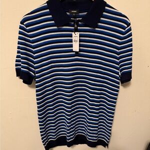 Blue and White Striped Quarter Zip Polo Shirt